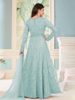 Sky Blue Butterfly Net Designer Anarkali Salwar Kameez